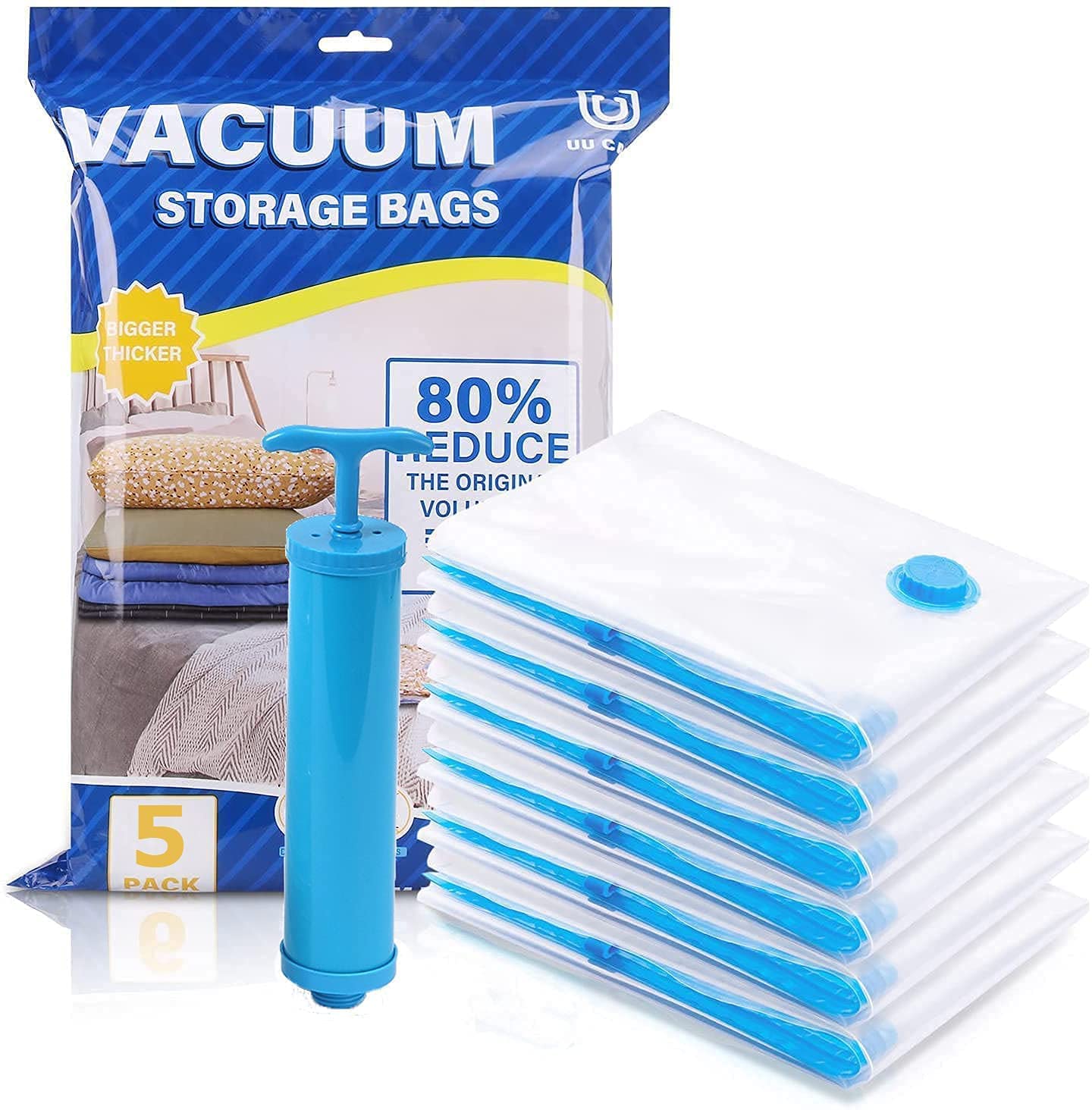 Reusable Ziplock Vacuum Storage Space Saver Plastic Bags for Clothes with Travel Hand Pump - Pack of 5